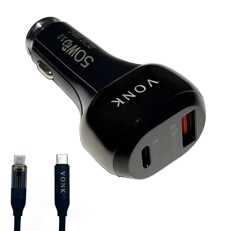 شارژر فندکی 50 وات دو پورت وونک مدل VC--50 به همراه کابل USB-C
